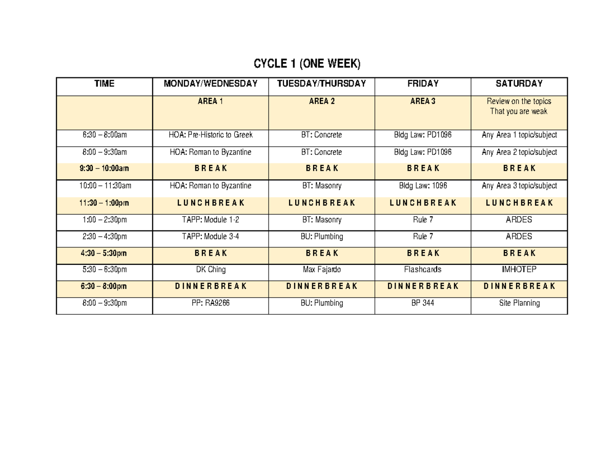 Study Sched - TIME MONDAY/WEDNESDAY TUESDAY/THURSDAY FRIDAY SATURDAY ...