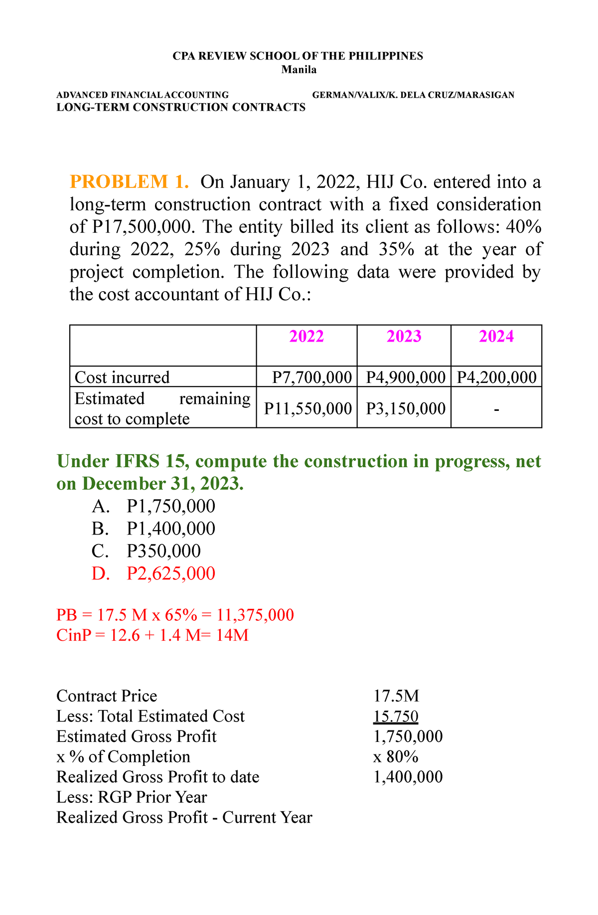 9206 Solutions To The Problems - CPA REVIEW SCHOOL OF THE PHILIPPINES ...