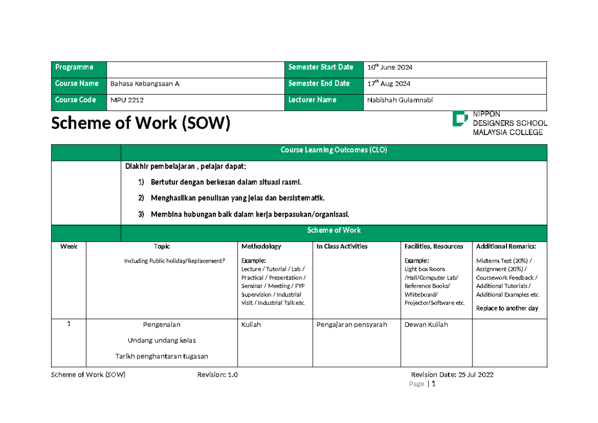 Scheme of work of students activities - Programme Semester Start Date ...