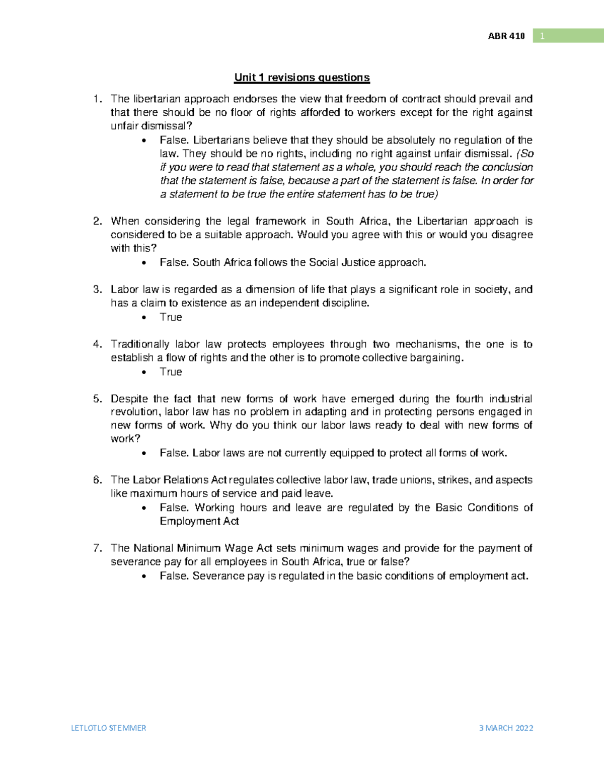 Unit 1 revisions questions for labour law - LETLOTLO STEMMER 3 MARCH ...
