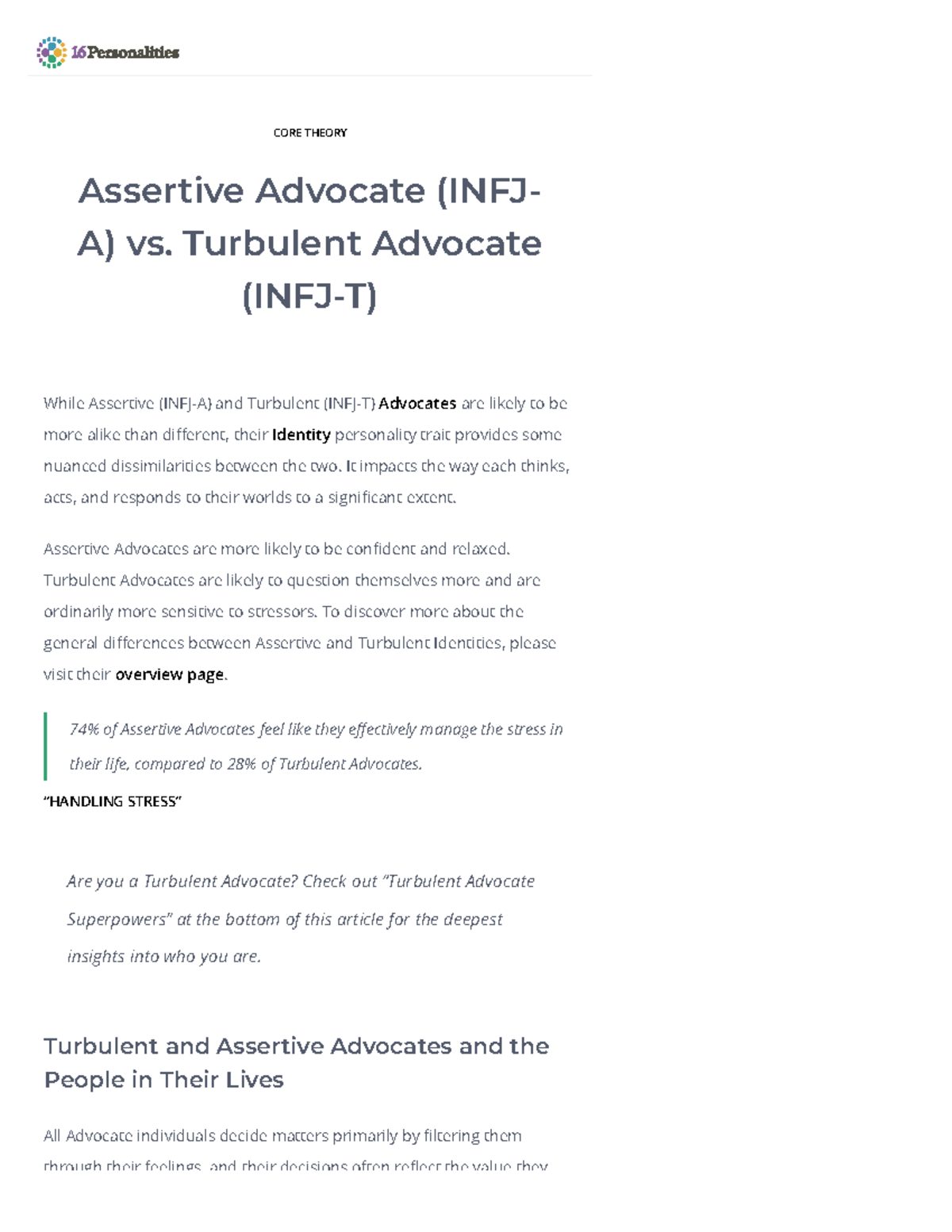 Assertive Advocate (INFJA) vs. Turbulent Advocate (INFJT