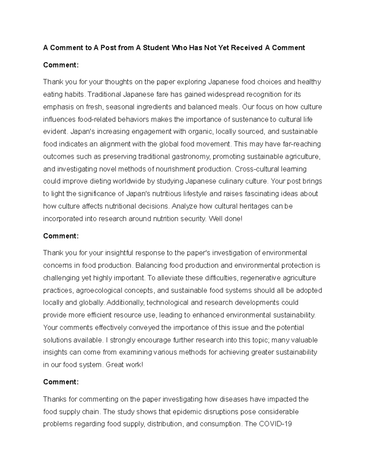 Student 2 - Assignemnt - A Comment to A Post from A Student Who Has Not ...