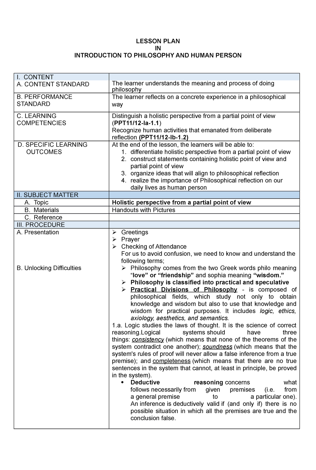 DLL PART 1 Philosophy - LESSON PLAN IN INTRODUCTION TO PHILOSOPHY AND ...