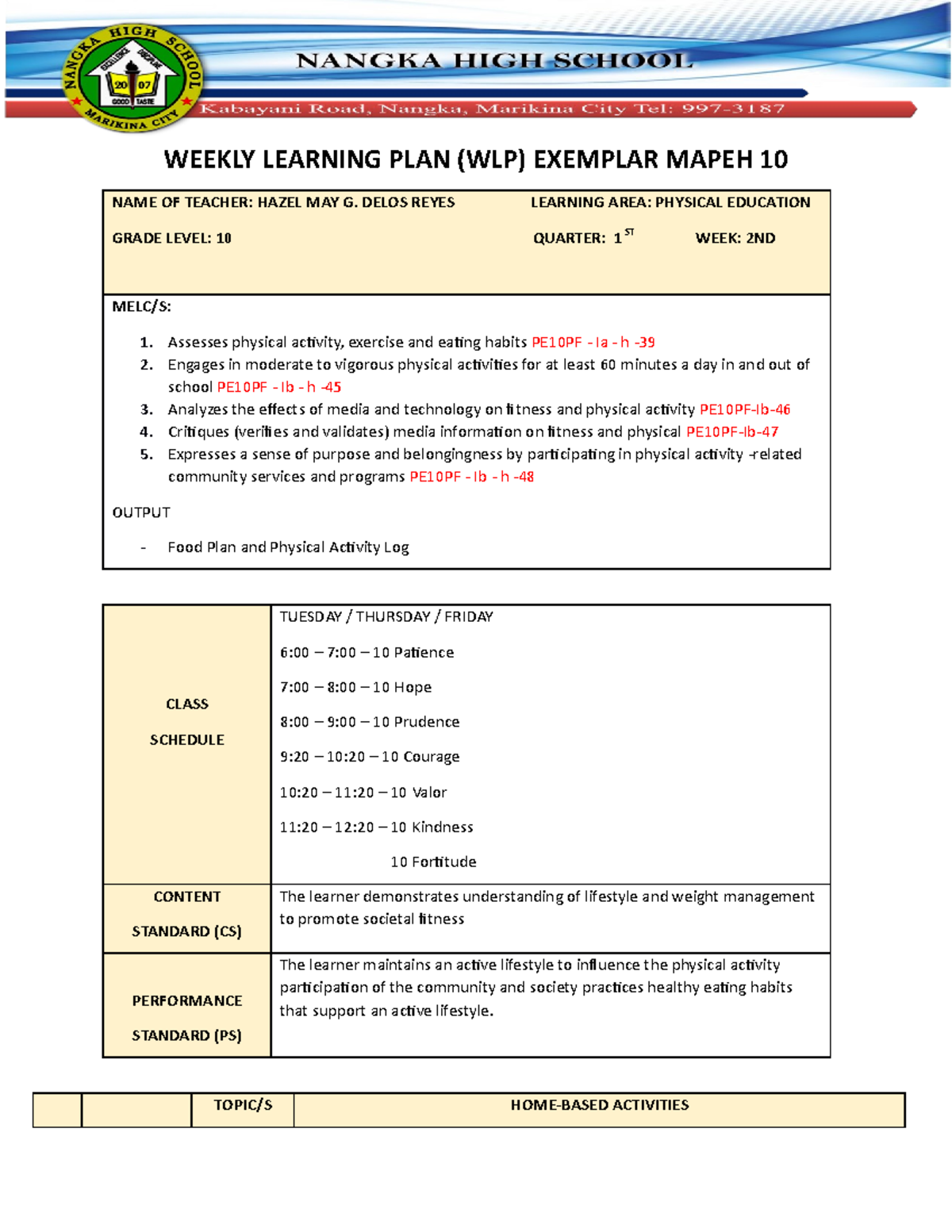 WLP-Q1W2-P.E. Delos Reyes, Hazel MAY G - WEEKLY LEARNING PLAN (WLP ...