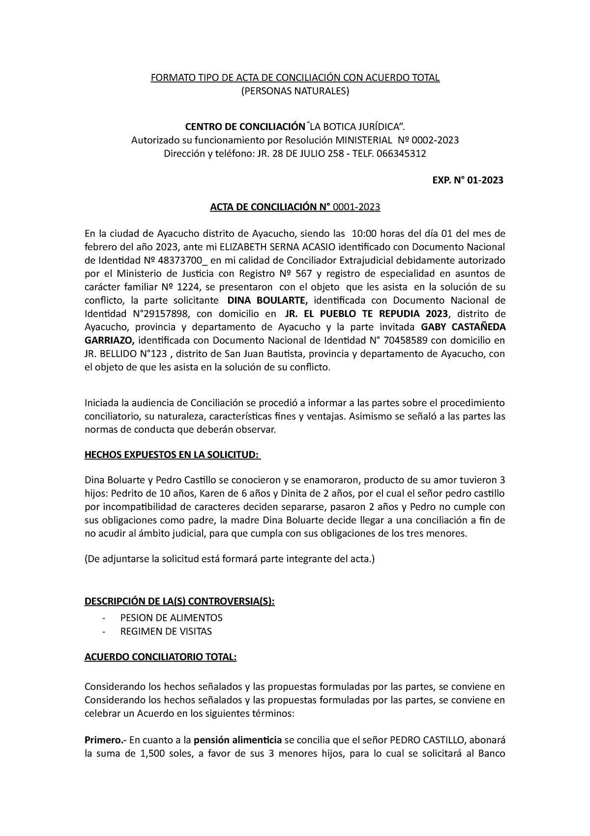 Formato Tipo De Acta De Conciliación Con Acuerdo Total Formato Tipo De Acta De ConciliaciÓn