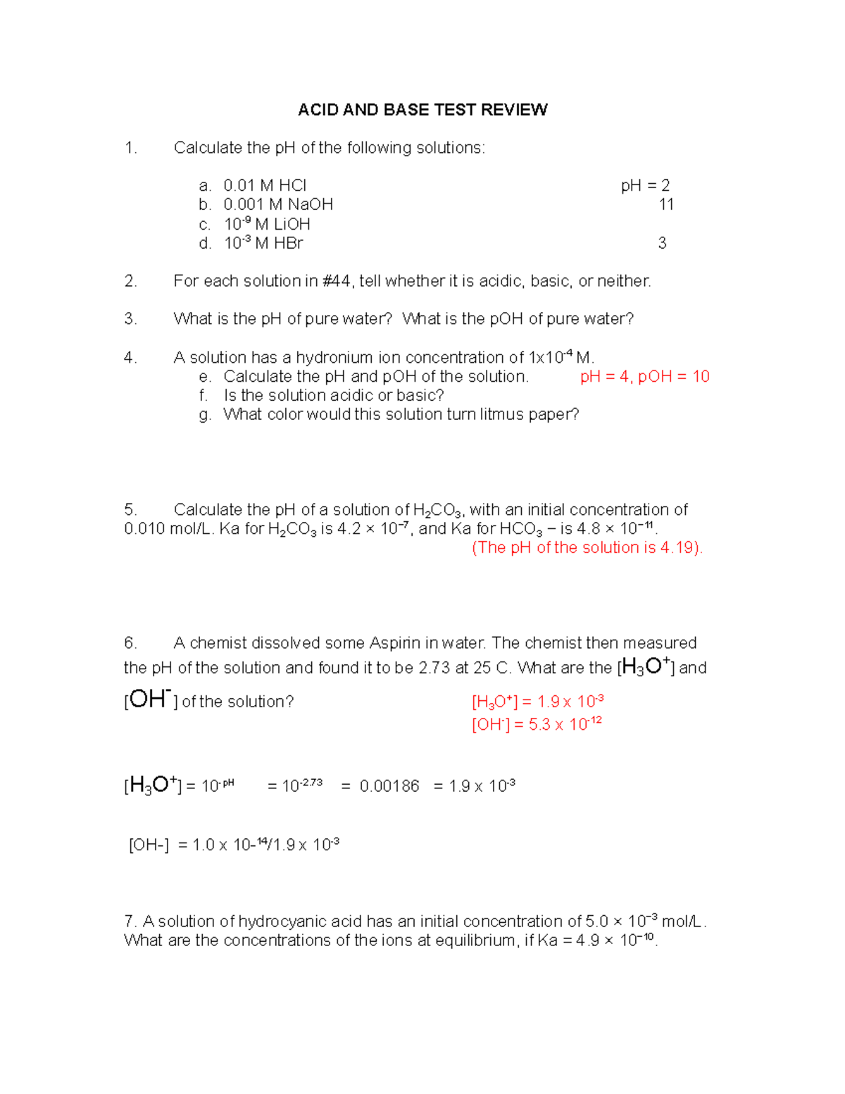 Copy of ACID AND BASE TEST Review ACID AND BASE TEST REVIEW Calculate