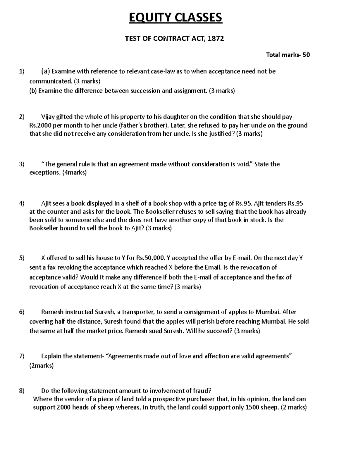 Test of contract act2 EQUITY CLASSES TEST OF CONTRACT ACT, 1872 Total