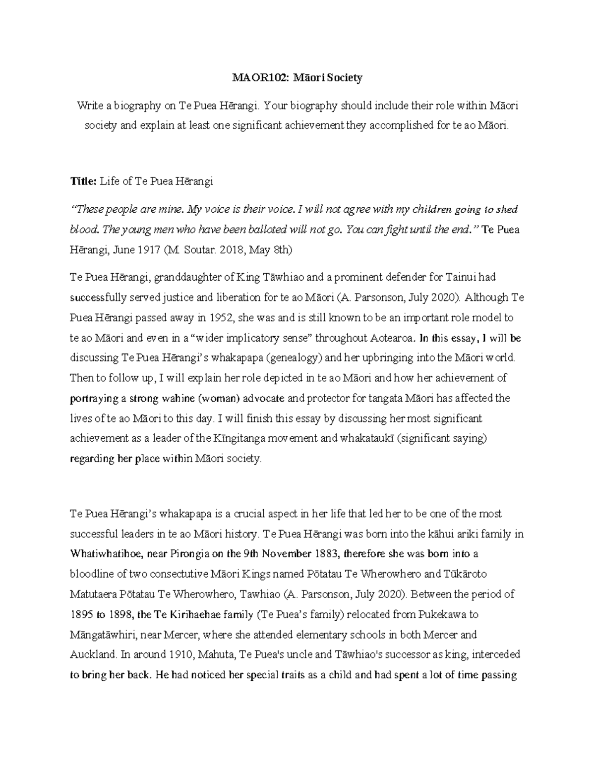 MAOR102 Final Essay Bibliography on Te Puea Hērangi MAOR102