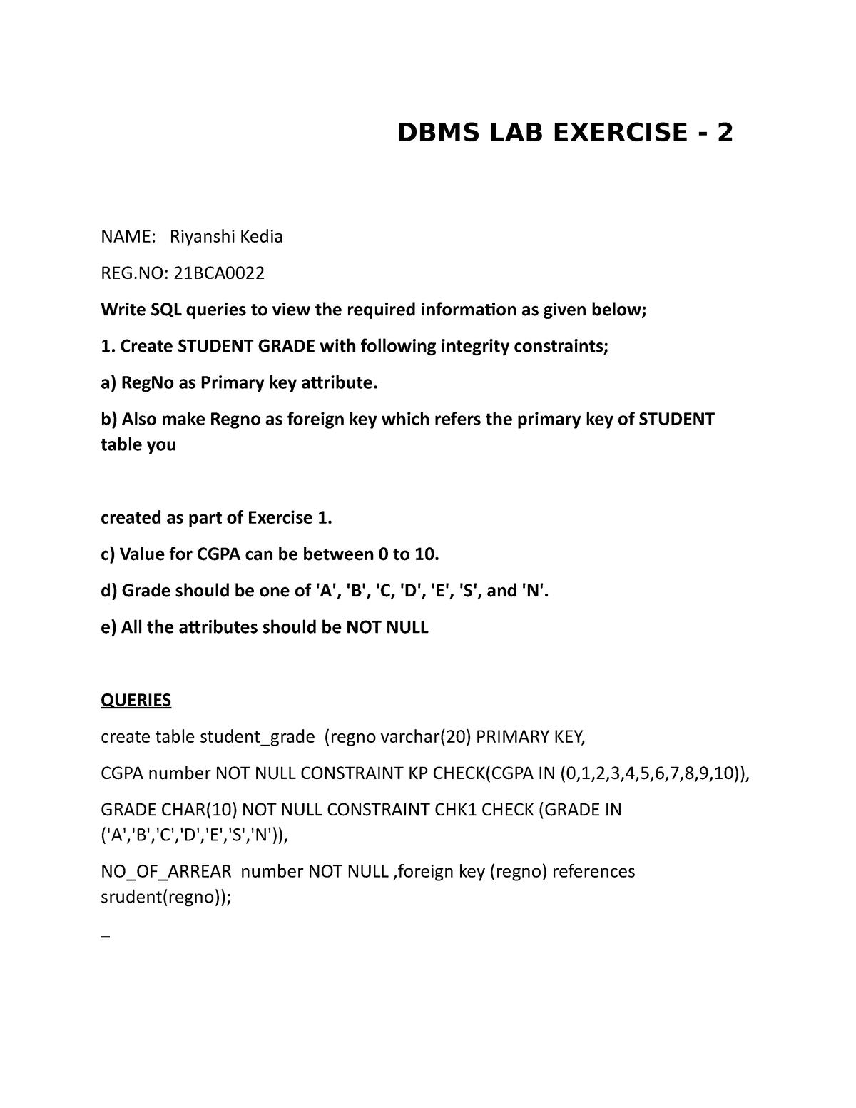 21BCA0022 VL2021220507301 AST02 - DBMS LAB EXERCISE - 2 NAME: Riyanshi ...