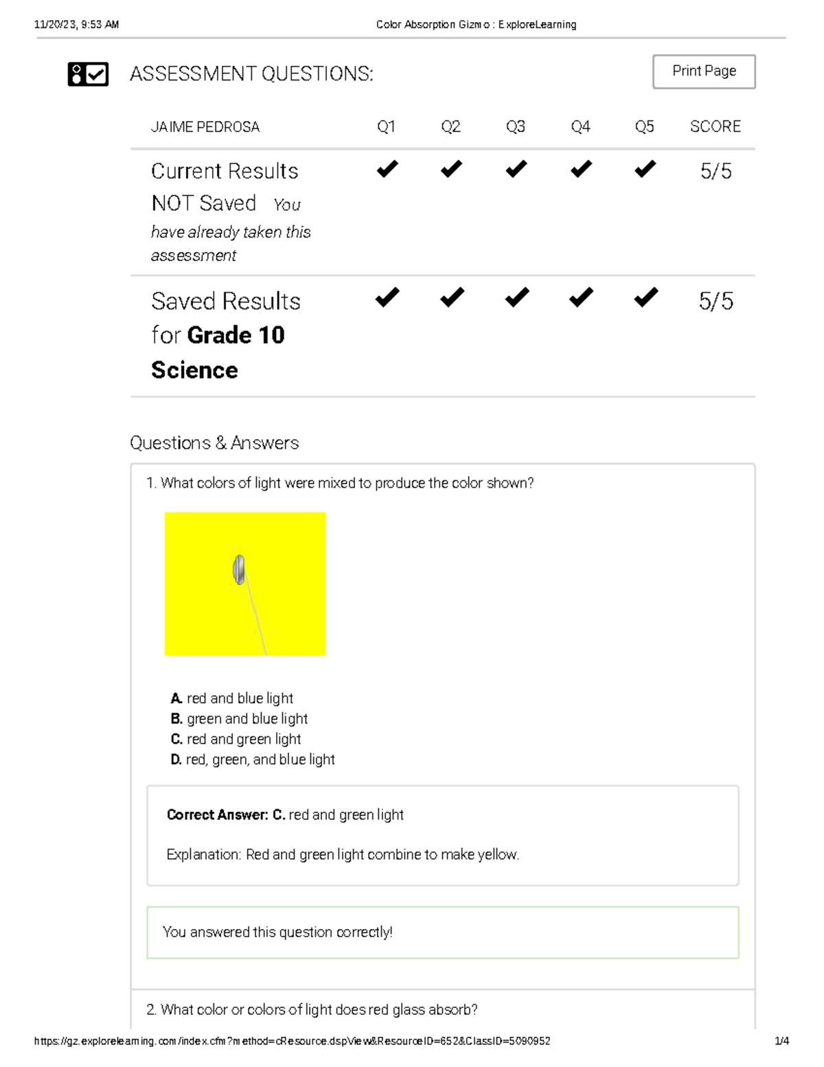 Color Absorption Gizmo Explore Learning - ASSESSMENT QUESTIONS: Print ...
