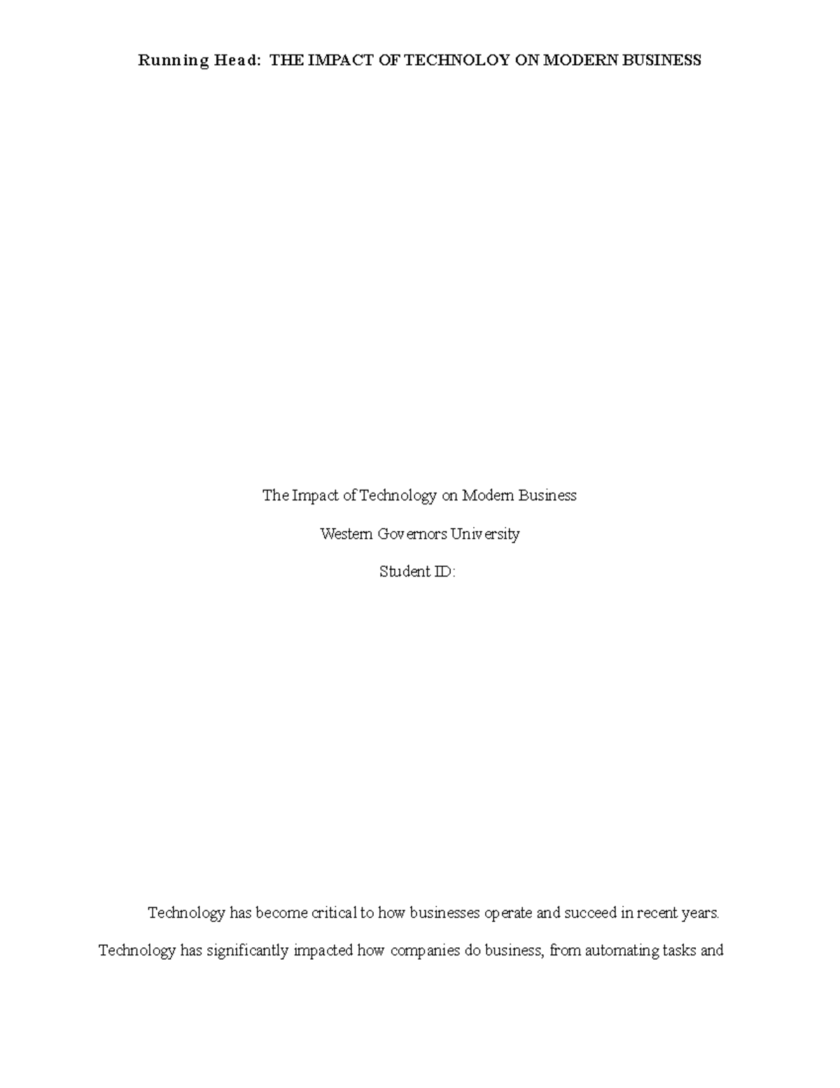 C456 Task 2 Draft - Essay - The Impact of Technology on Modern Business ...