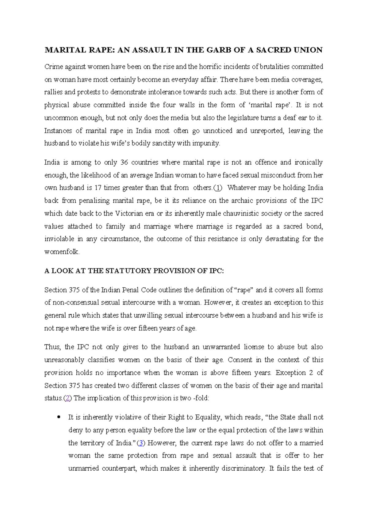 Marital Rape - Sample work - MARITAL RAPE: AN ASSAULT IN THE GARB OF A ...