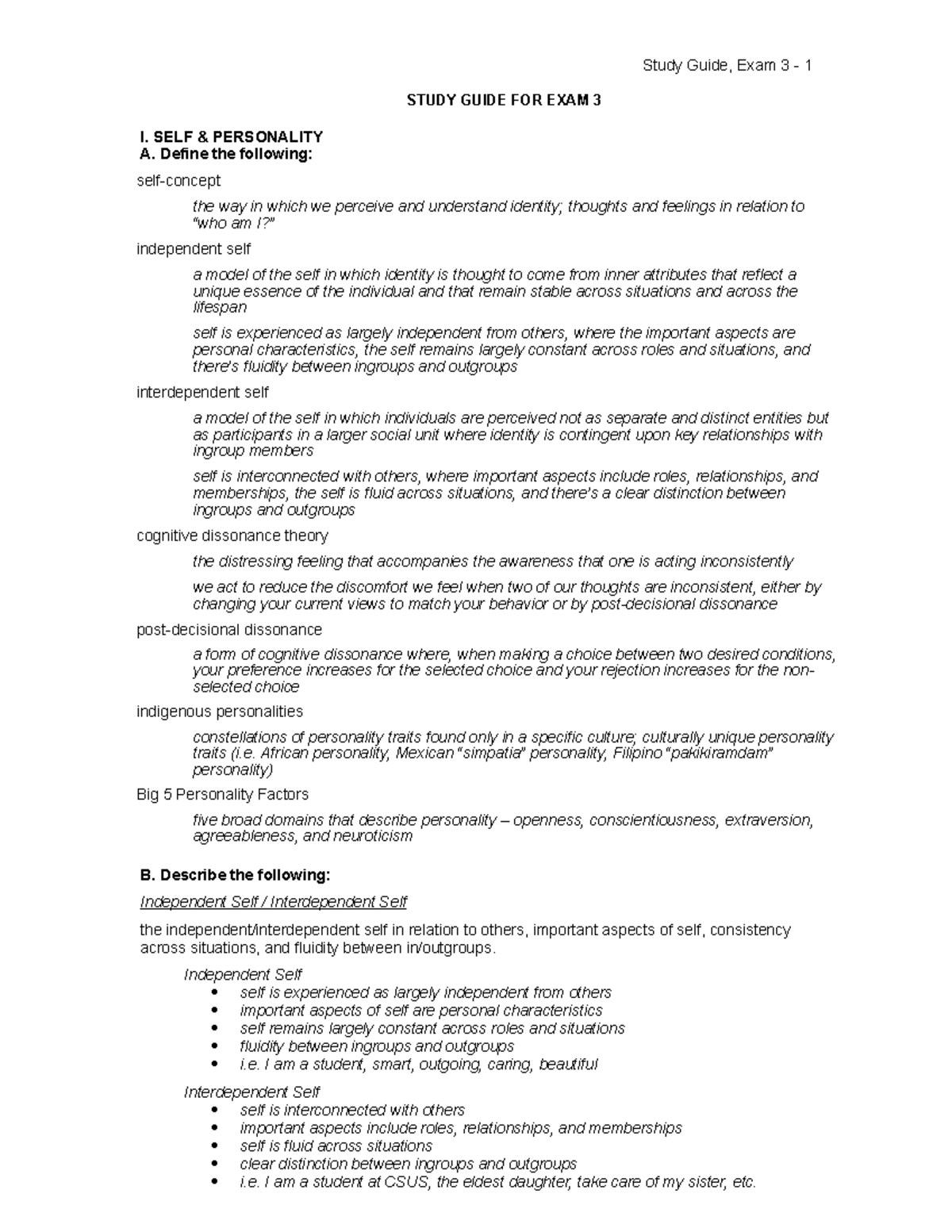 Exam 3 Study Guide - Psyc 100: Cross-Cultural Psychology w/ Kim-Ju ...
