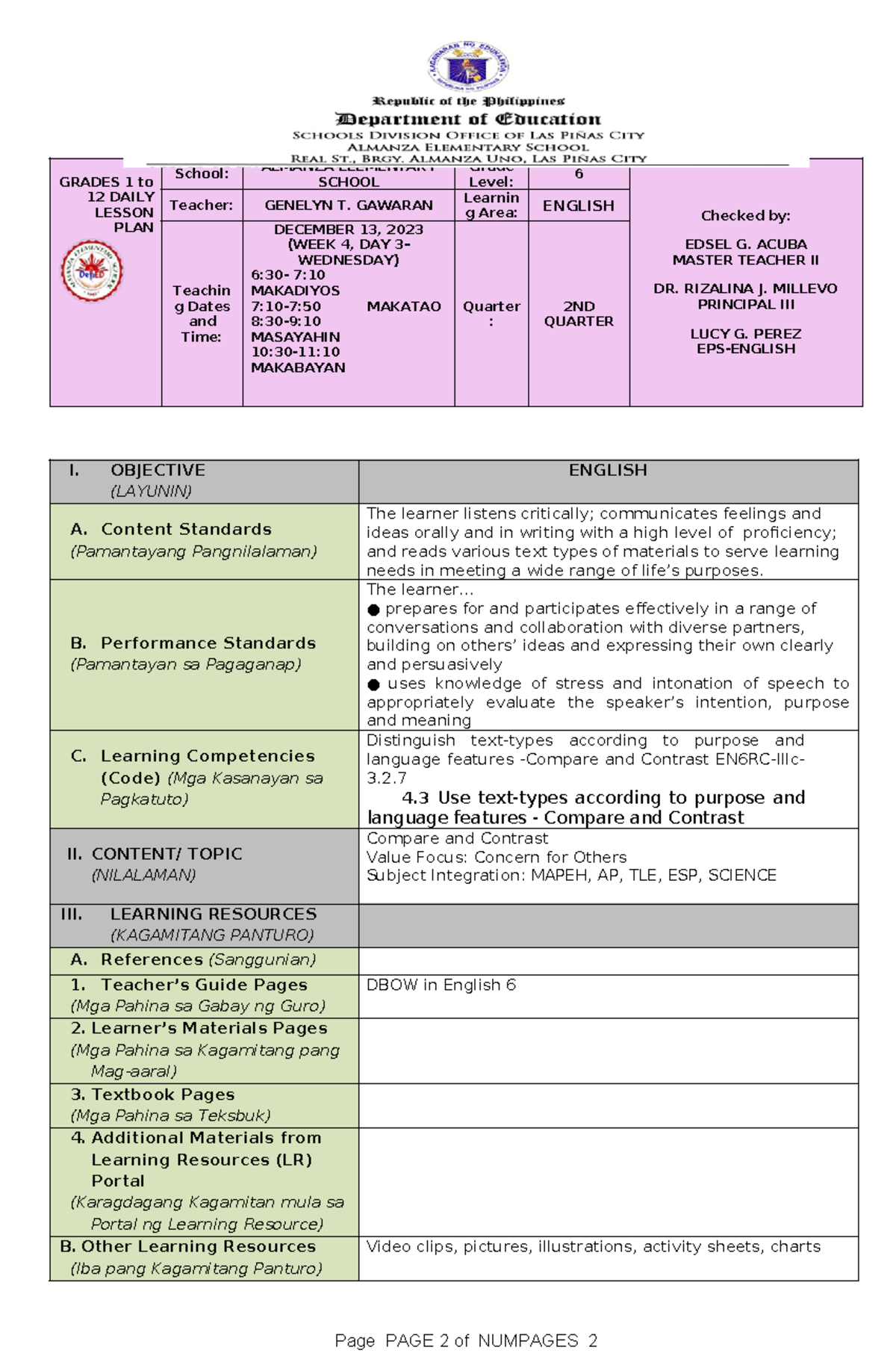 Daily Lesson Plan in English - ` GRADES 1 to 12 DAILY LESSON PLAN ...