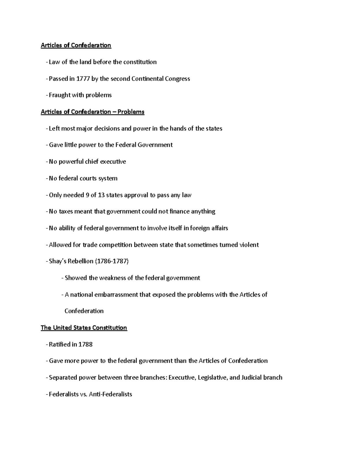 U.S Government 1B - Lecture Notes - Articles of Confederation - Law of ...