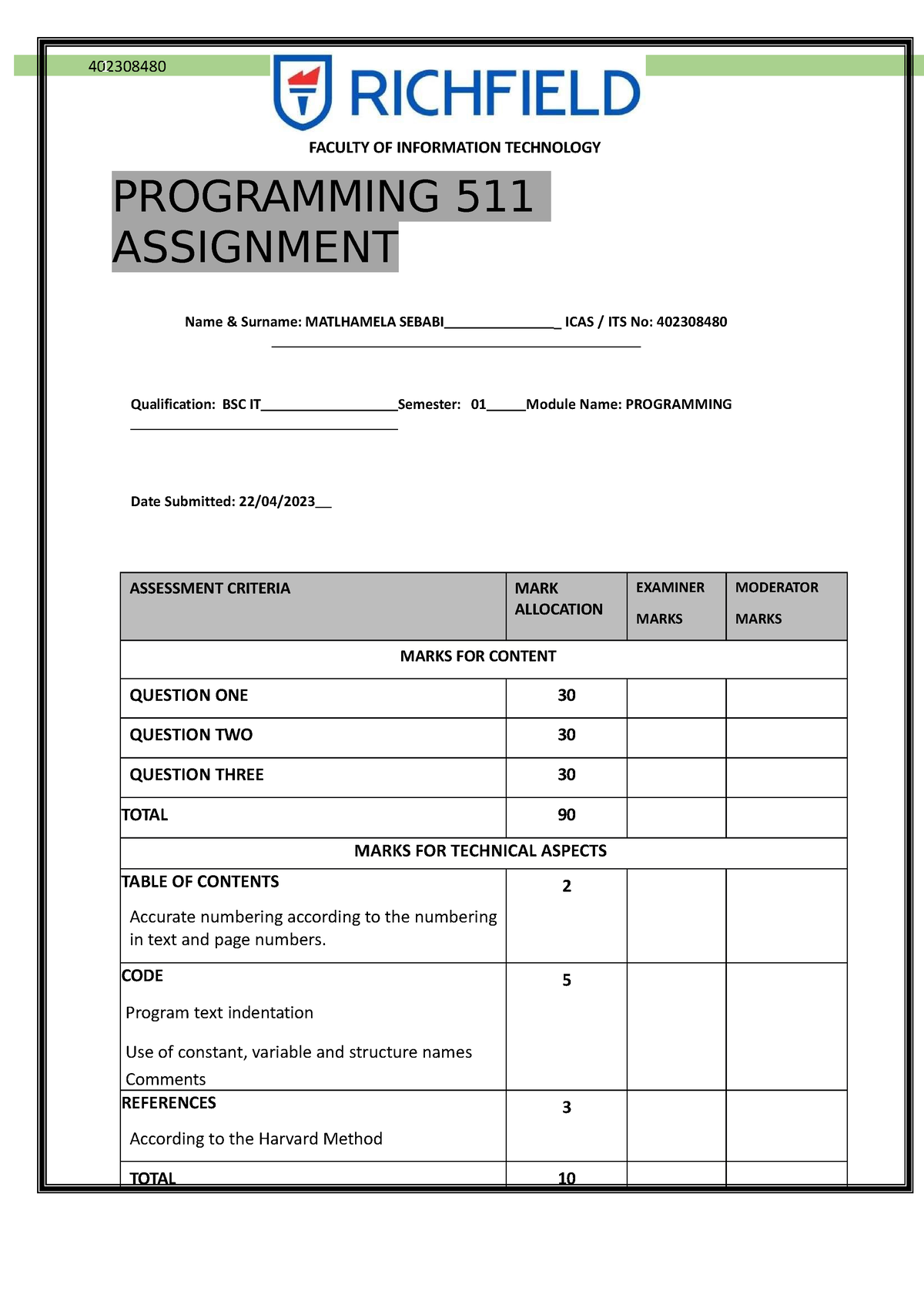 programming 511 assignment answers