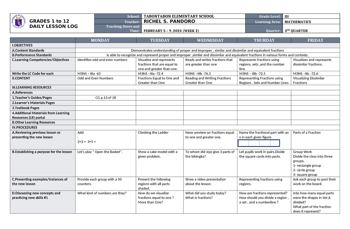 Dll Mathematics 3 Q3 W2 Daily Lesson Log Grades 1 To 12 Daily Lesson Log School Tabontabon 3882