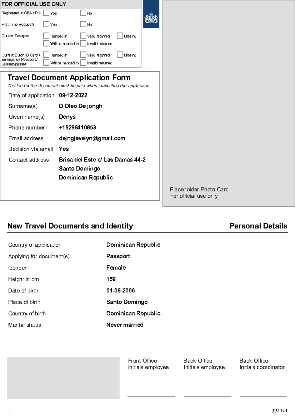 Travel document application - New Travel Documents and Identity ...