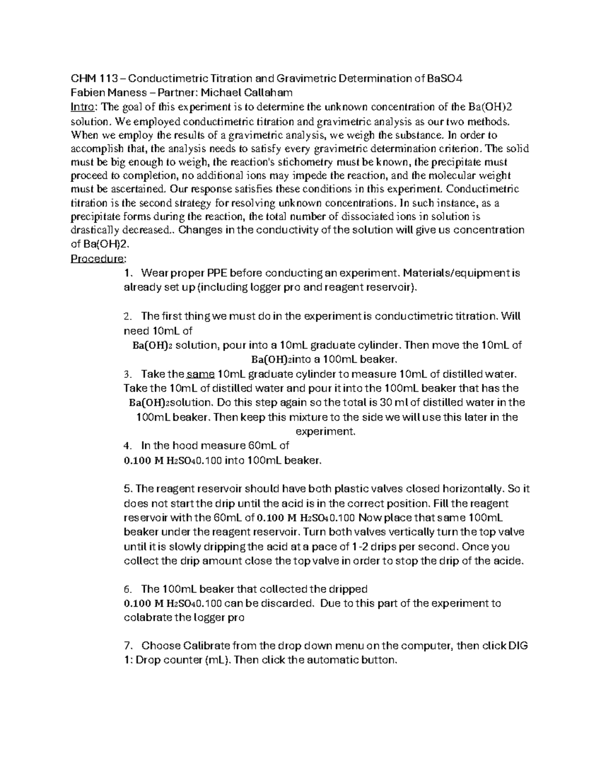 Conductimetric tritation and gravimetric determination Report Maness ...