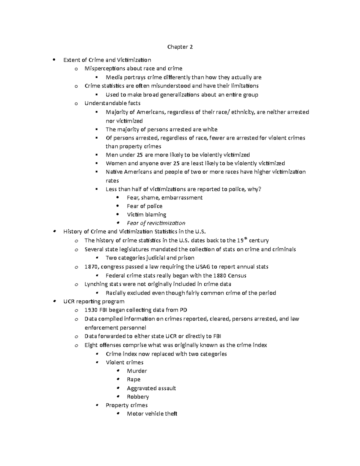 Chapter 2 Notes - Chapter 2 Extent of Crime and Victimization o ...