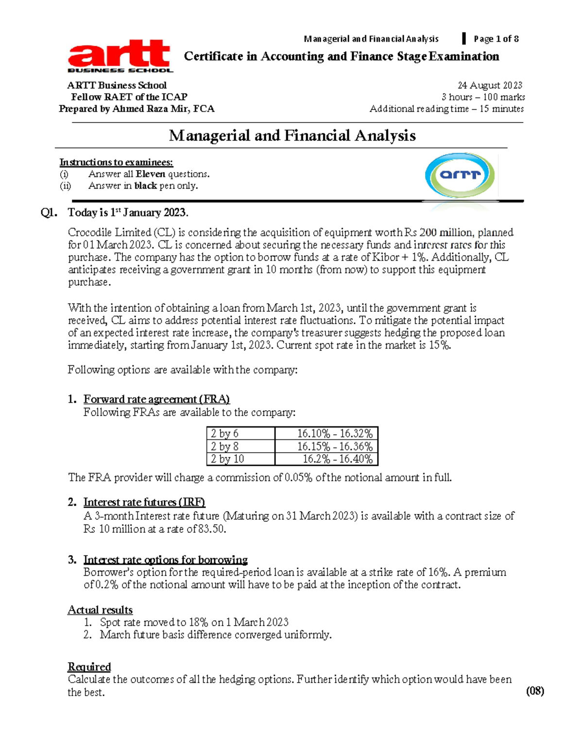  MFA Mock September 2023 - By Ahmed Raza Mir, FCA - Certificate in 