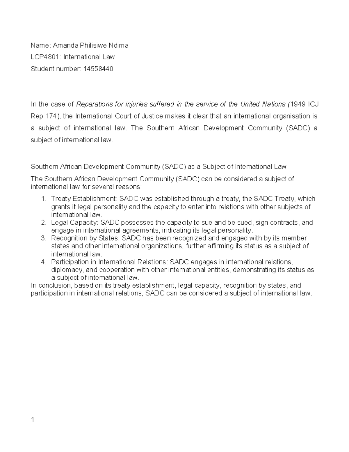 International law EXAM - Name: Amanda Philisiwe Ndima LCP4801 ...