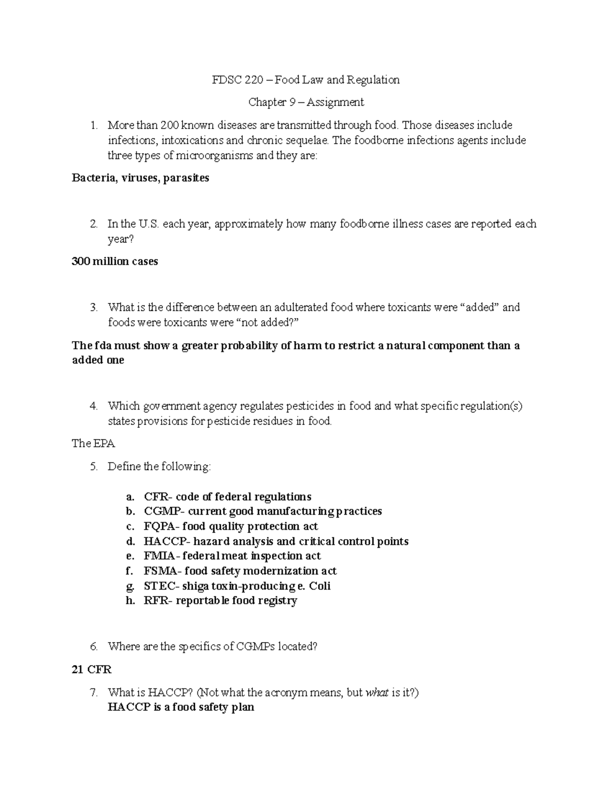 Food Law and Reg Chapter 9 Assignment FDSC 220 Food Law and