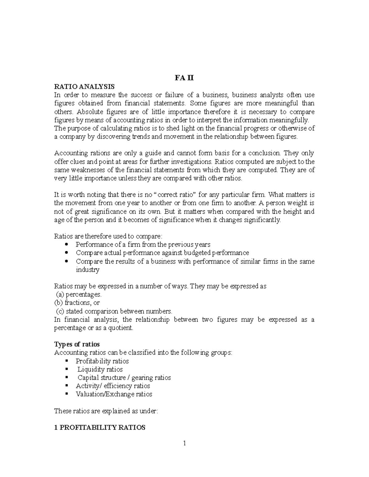 Ratios Notes- FA II RATIO ANALYSIS In order to measure the success or ...