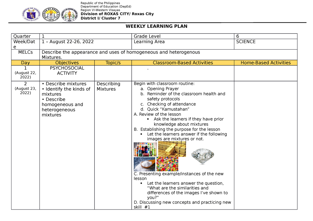 Weekly Learning PLAN Q1 W1 Science - Quarter 1 Grade Level 6 Week/Dat E ...