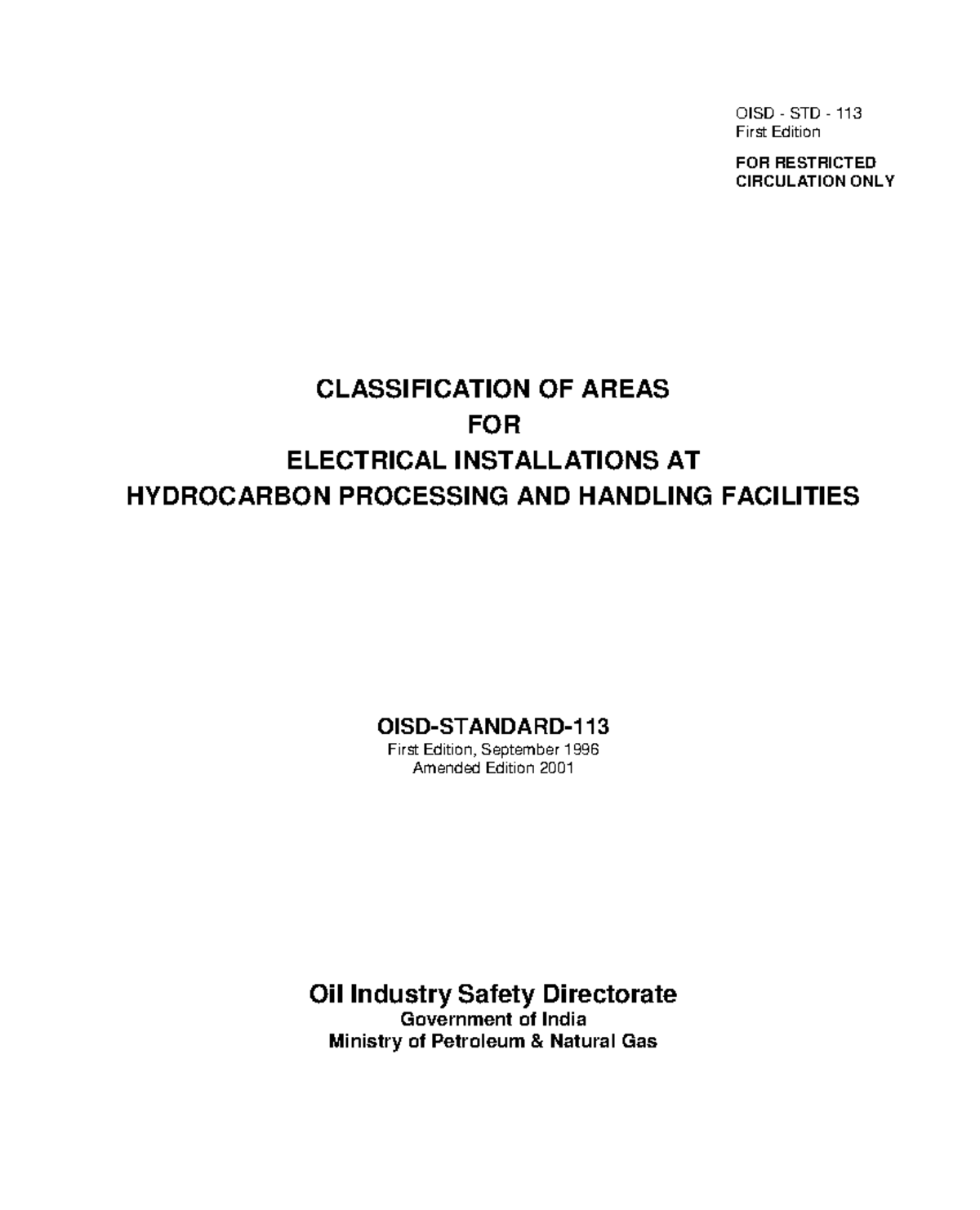 OISD STD 113 Classification OF Areas OISD STD 113 First