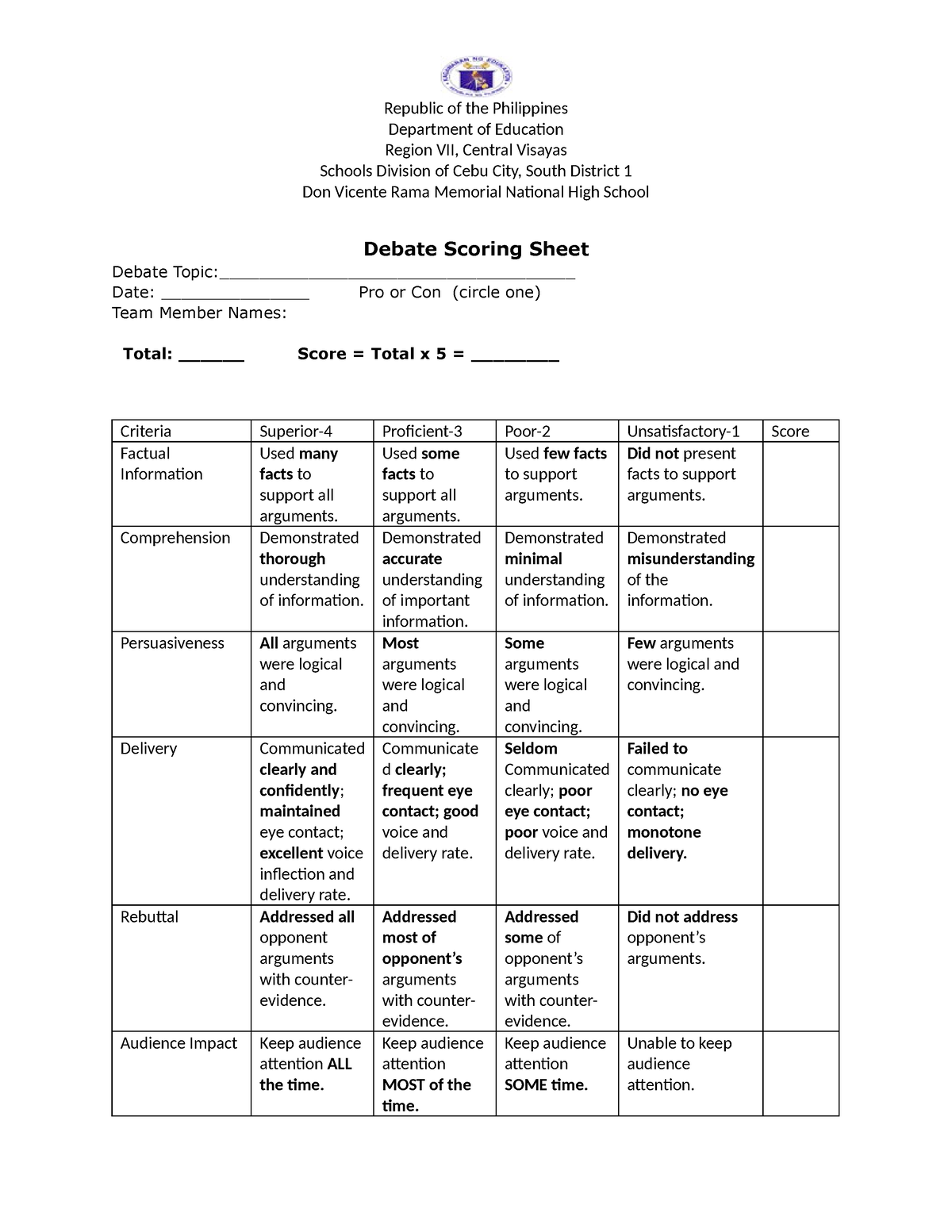 Debate Score Sheet This Is A Debate Score Sheet Republic Of The