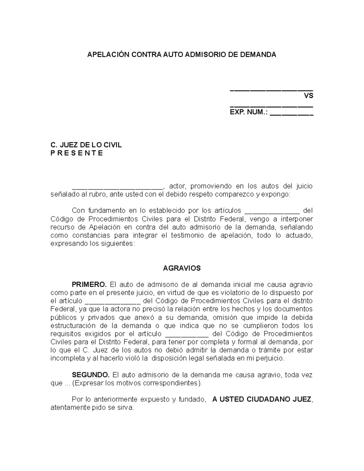 Apelación Contra AUTO Admisorio DE Demanda - APELACIÓN CONTRA AUTO ...