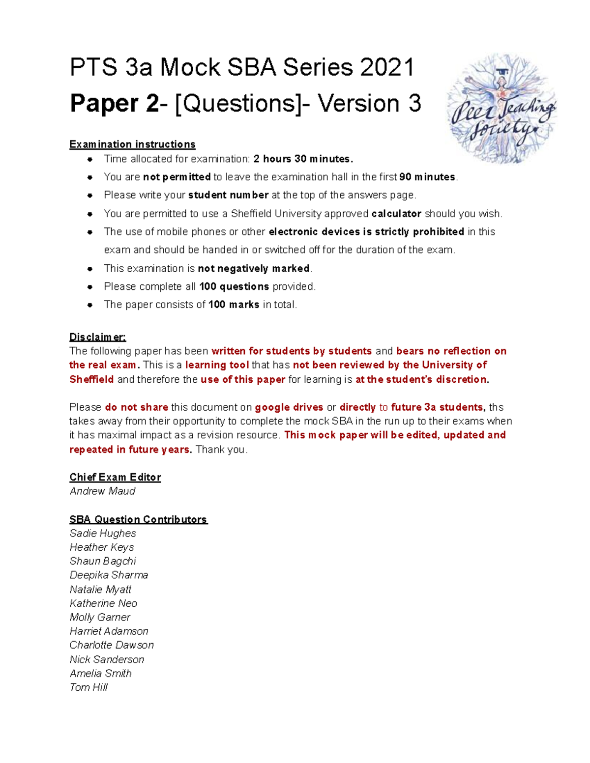 Pts 3a mock sba series 2021- paper 2- v3- questions - PTS 3a Mock SBA ...