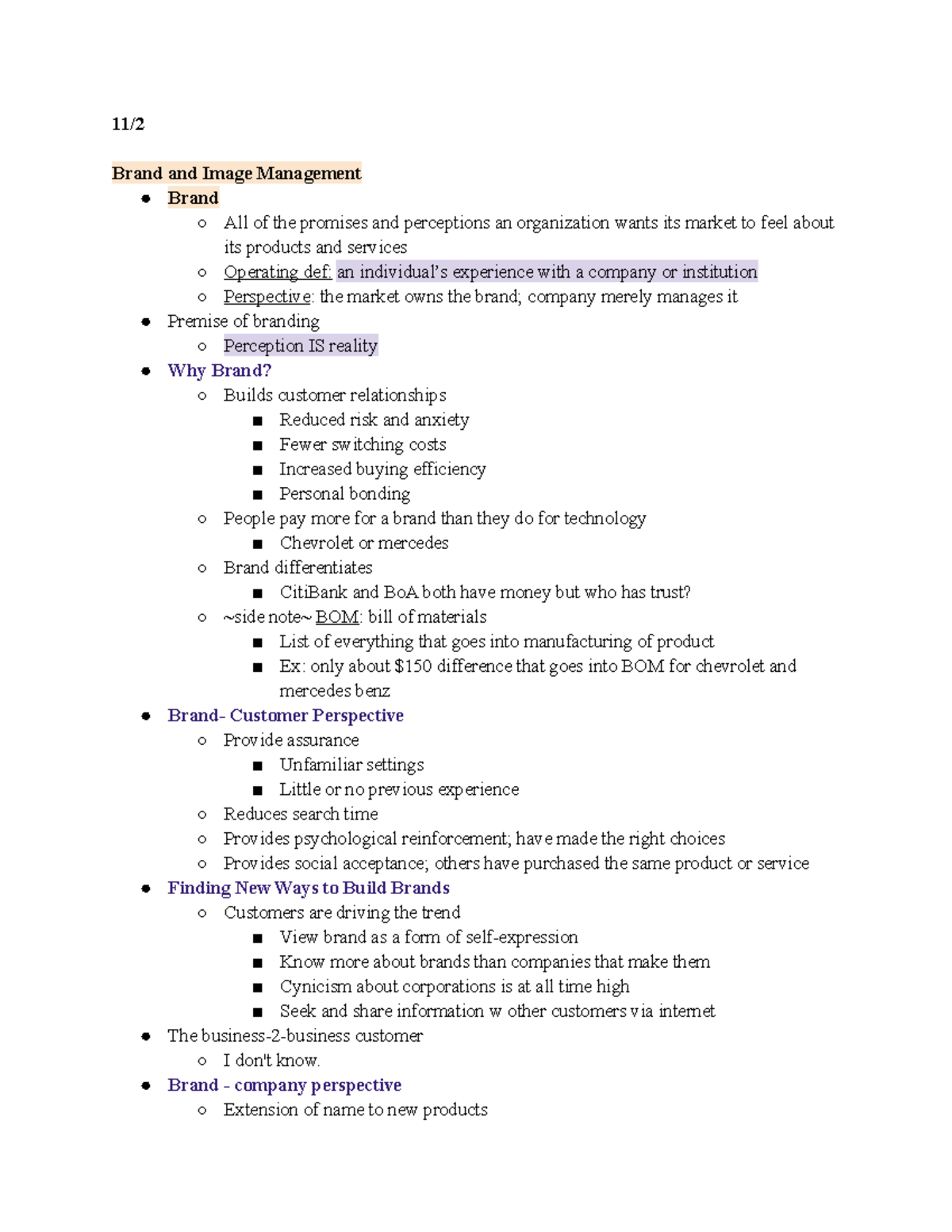 MKTG 186 Week 7 8 - Weeks 7 and 8 Notes - Brand and Image Management ...
