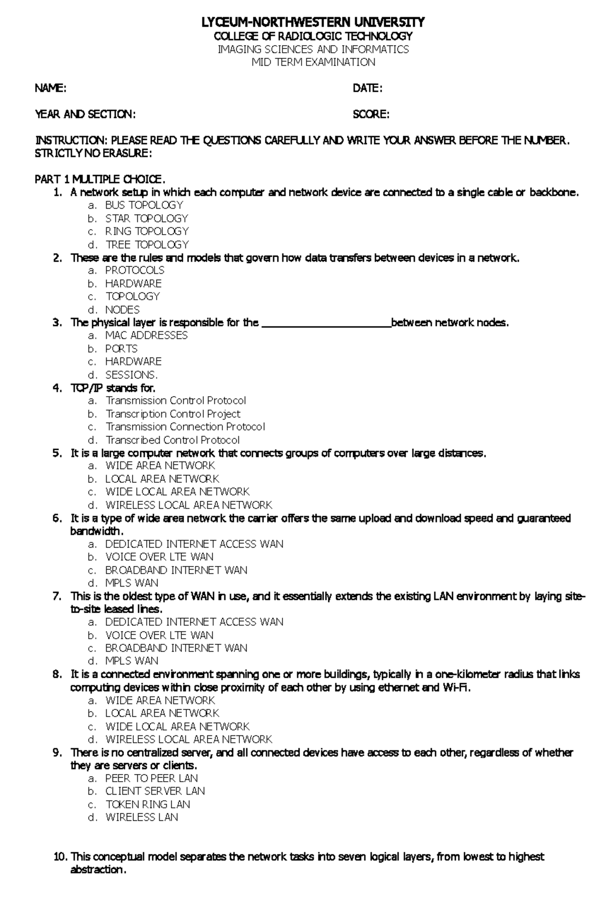 Midterm EXAM AD ASDFC LYCEUMNORTHWESTERN UNIVERSITY COLLEGE OF