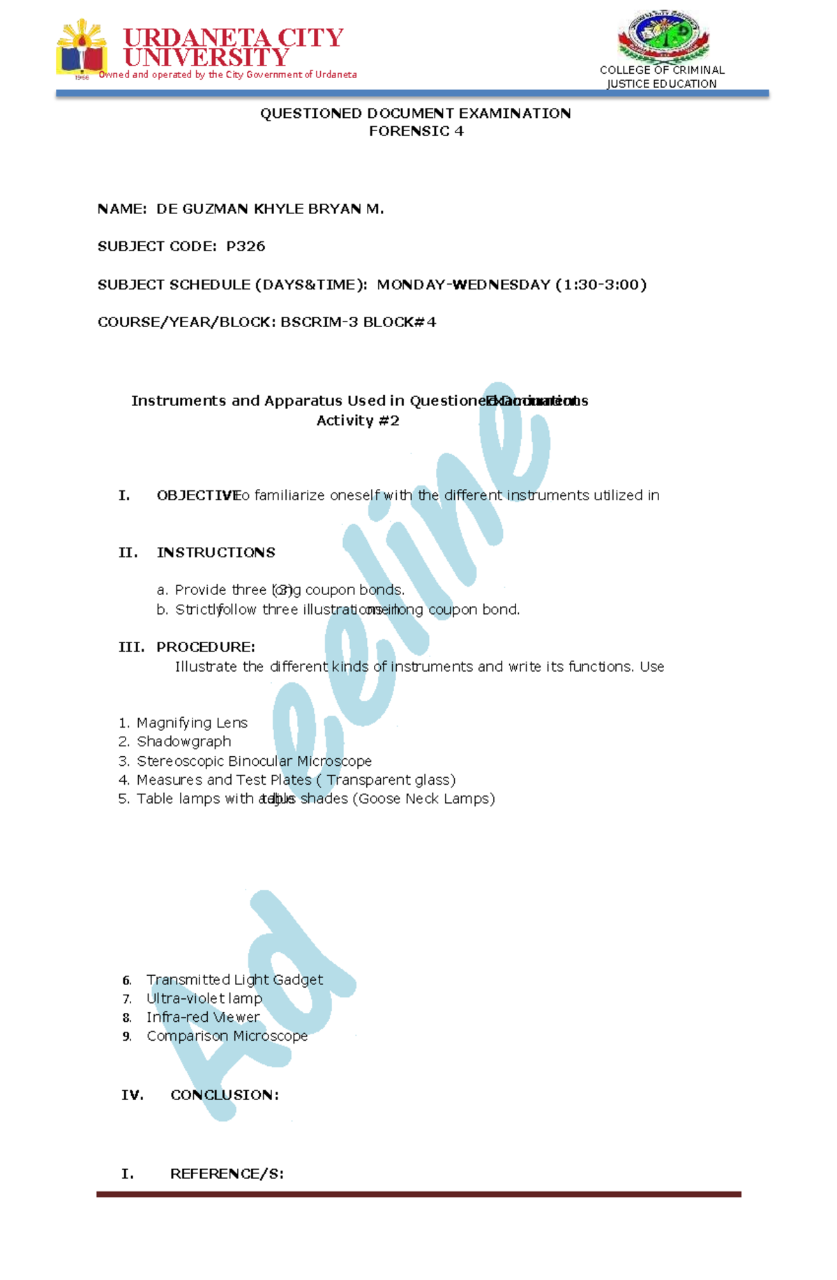 DE Guzman. QDE Prelim L. Activity 2 QUESTIONED DOCUMENT EXAMINATION