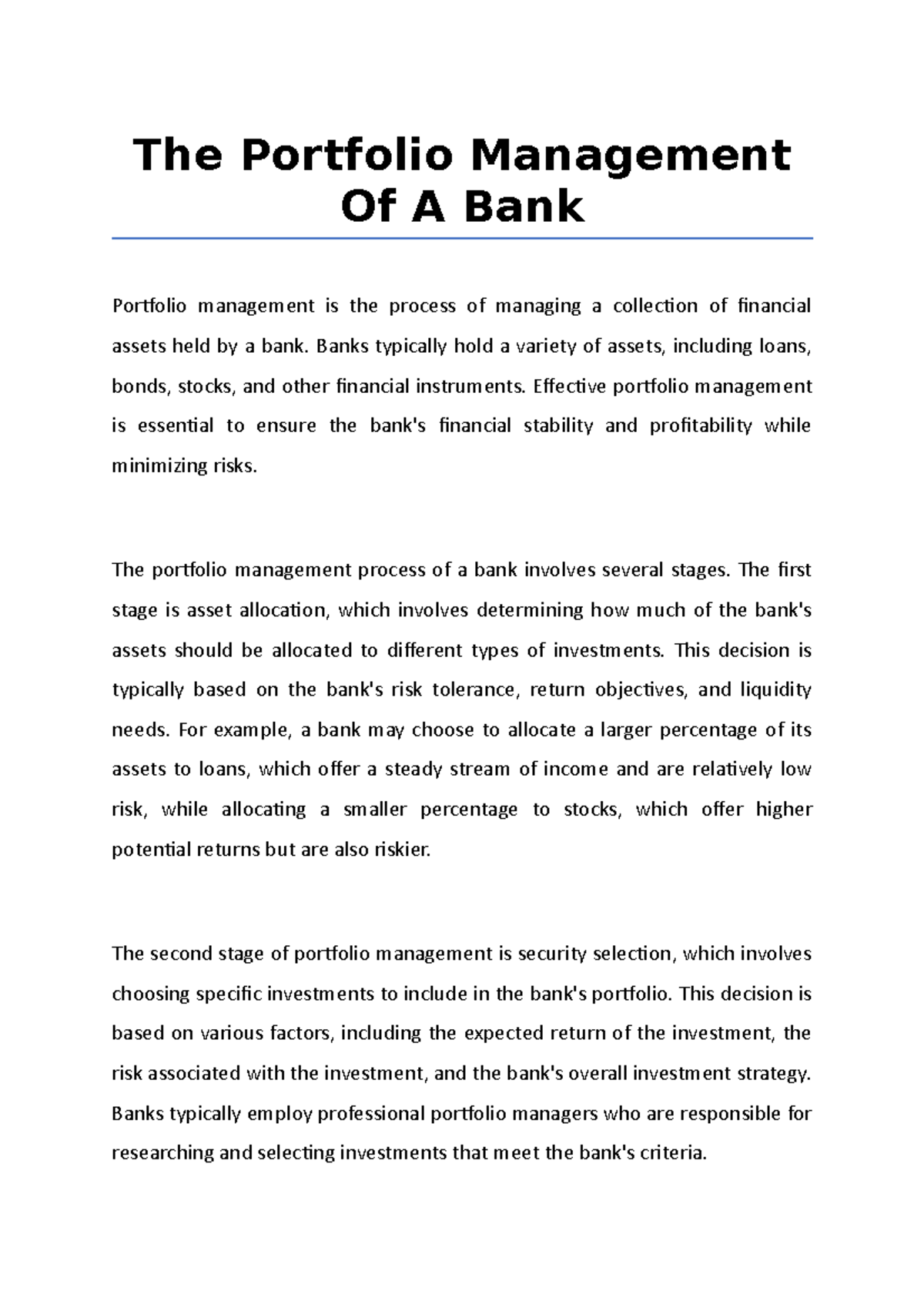The Portfolio Management Of A Bank The Portfolio Management Of A Bank