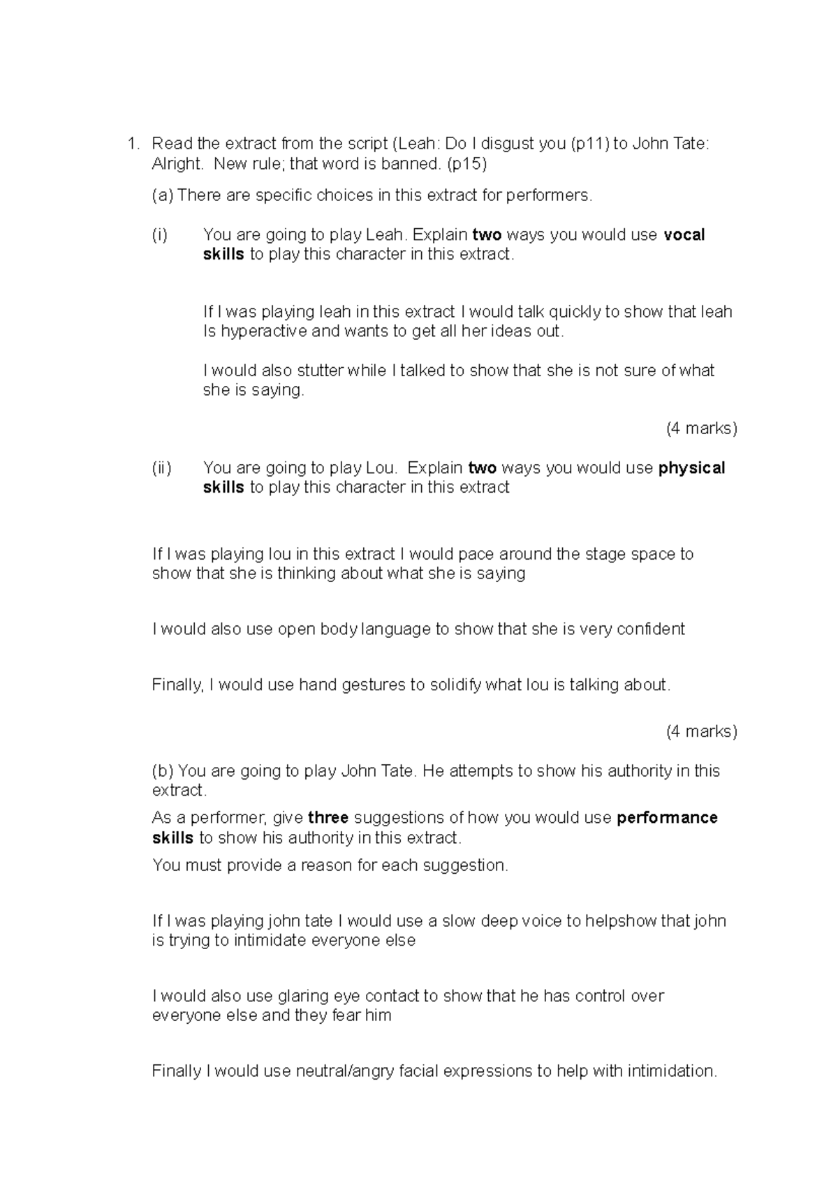 Practise questions - Read the extract from the script (Leah: Do I ...