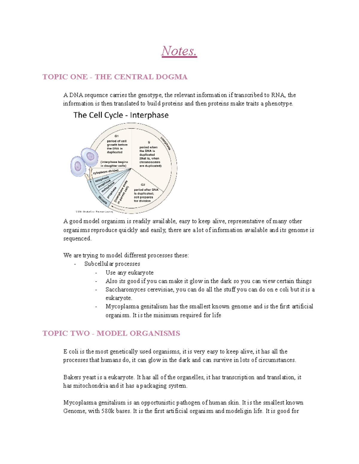 BIOL1004 Lecture Notes ~ Molecular Biology-2 - Notes. TOPIC ONE - THE ...