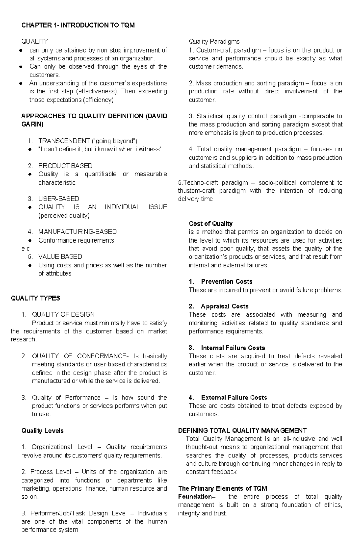 Tqm-reviewer - notes - CHAPTER 1- INTRODUCTION TO TQM QUALITY can only ...