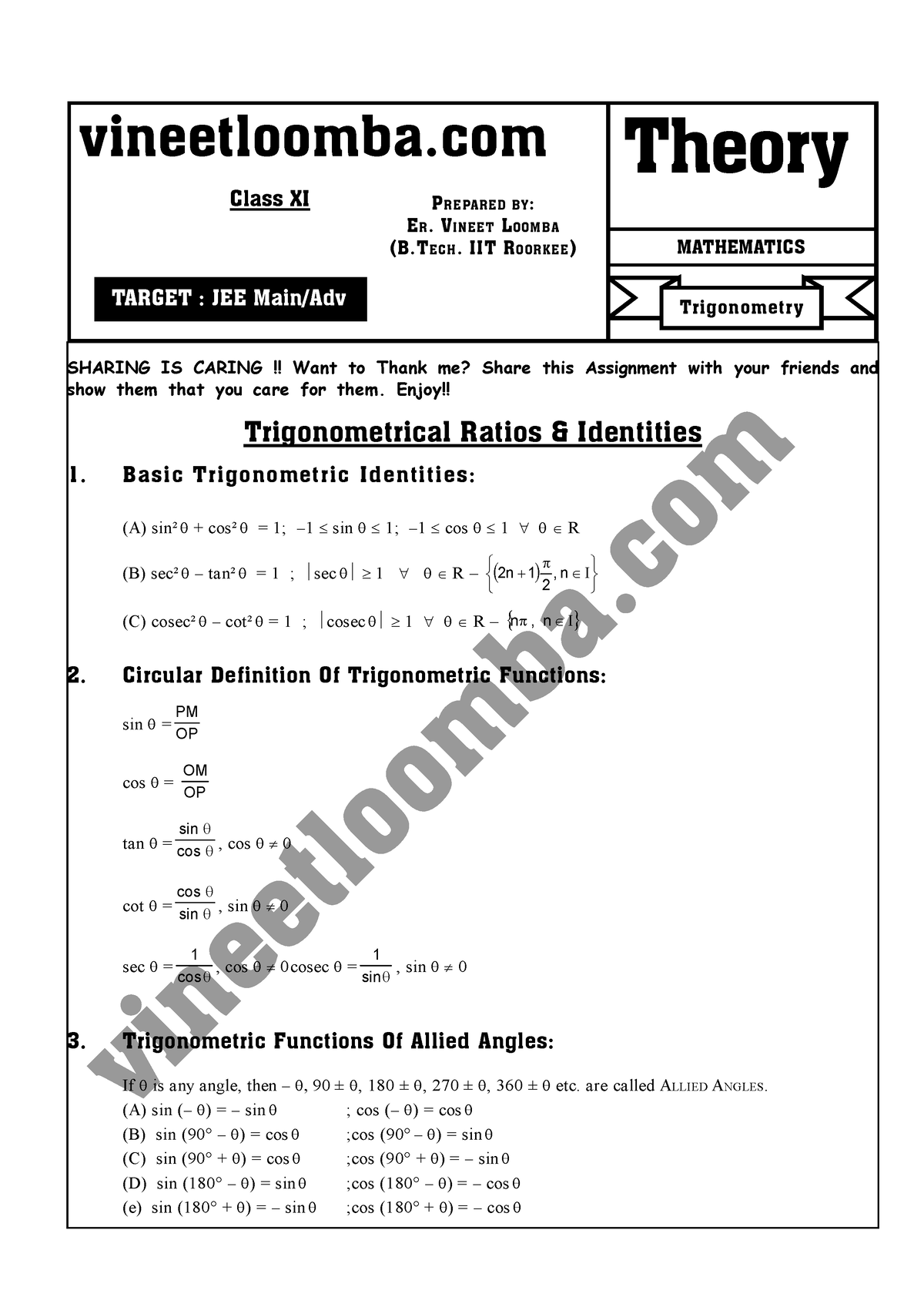 Trigonometry Theory JEE Main And Advanced - V I N E E T L O O M B A . C ...