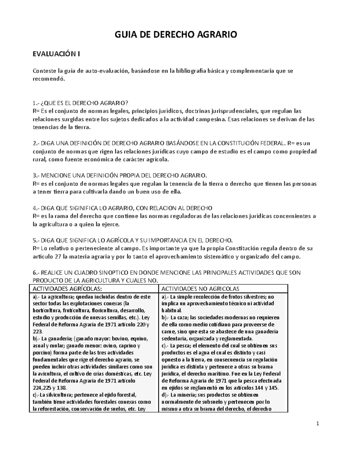 GUIA Derecho Agrario - GUIA DE DERECHO AGRARIO EVALUACIÓN I Conteste La ...