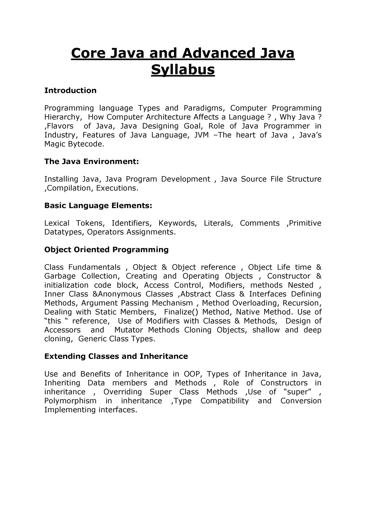 Syllabus Core Java And Advanced Java - Core Java And Advanced Java ...