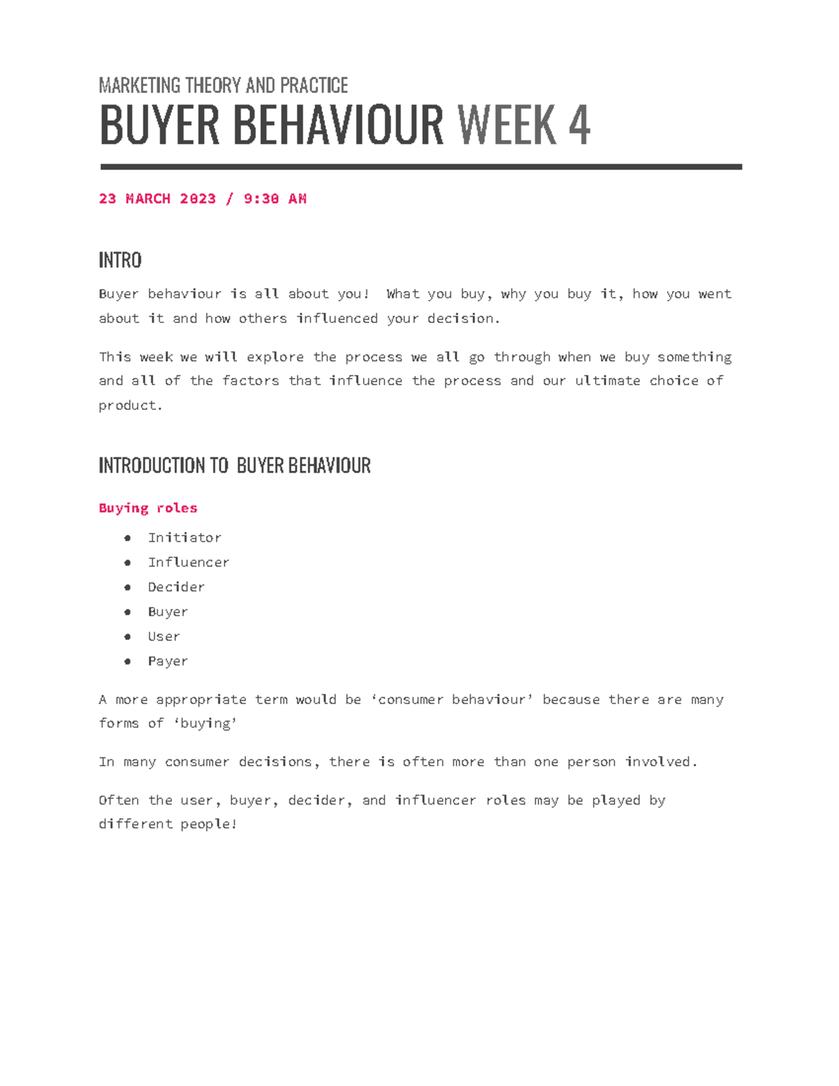 Marketing Week 4 Week 4 Buyer Behaviour Marketing Theory And Practice Buyer Behaviour Week 9087