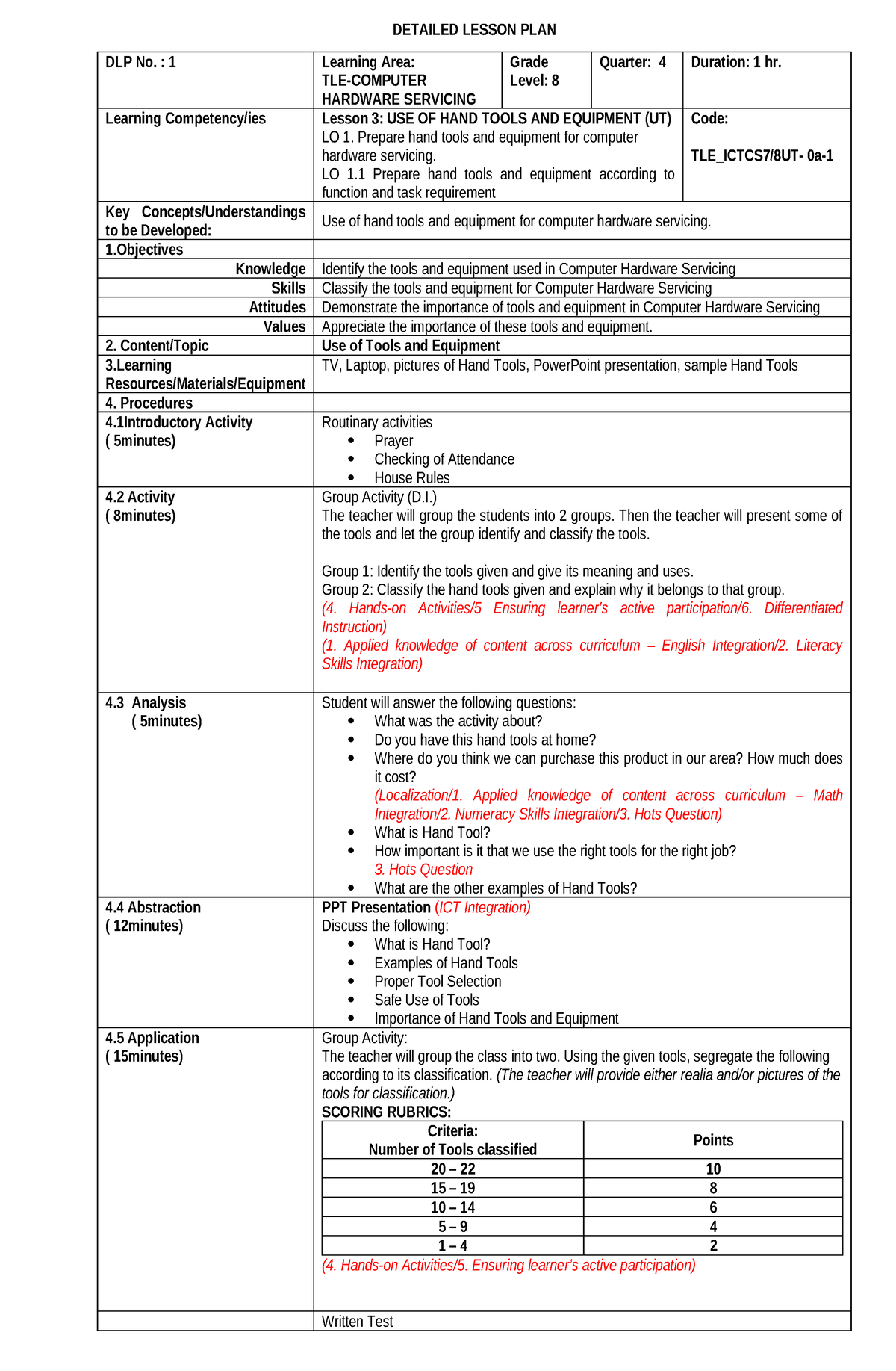 DLP-4th Q DLP NEW - DETAILED LESSON PLAN DLP No. : 1 Learning Area: TLE ...