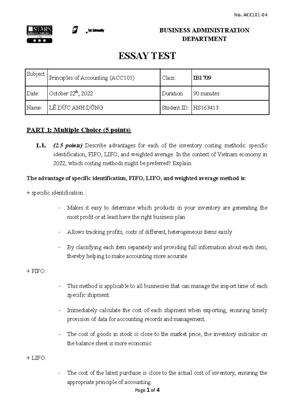 Acc101 - Not Thing - BUSINESS ADMINISTRATION DEPARTMENT ESSAY TEST ...