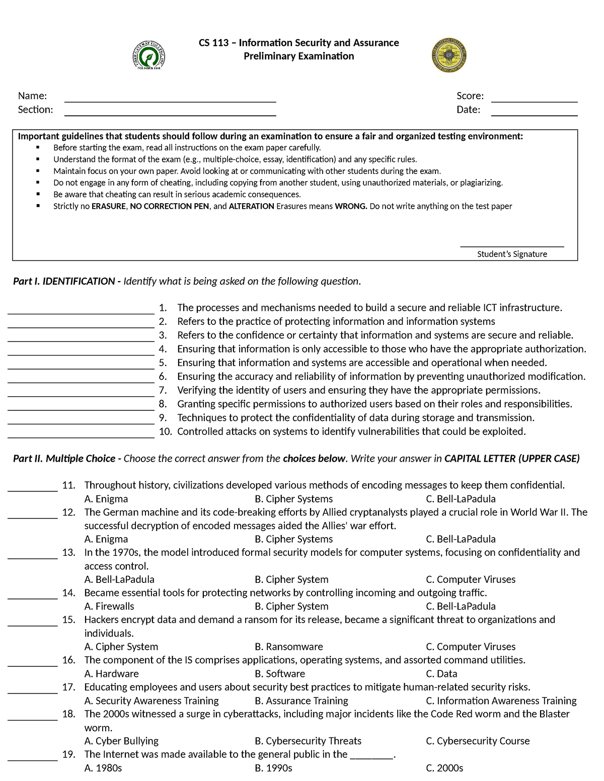 CS 113 - Prelim Exam - Information Security And Assurance Exam - CS 113 ...