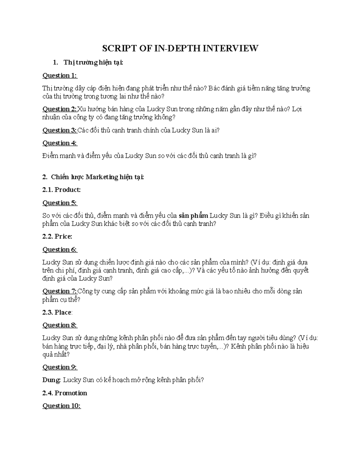 Script Interview - SCRIPT OF IN-DEPTH INTERVIEW Thị trường hiện tại ...