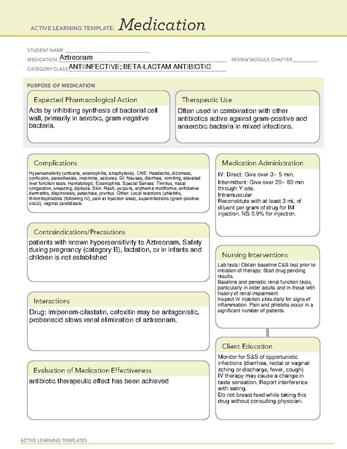 Med- Aztreonam ATI med card - ACTIVE LEARNING TEMPLATES Medication ...