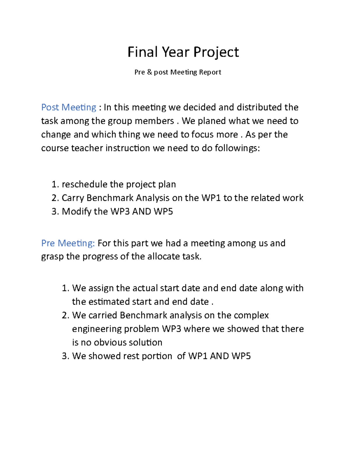 Report 5 - lecture notes - Final Year Project Pre & post Mee琀椀ng Report ...